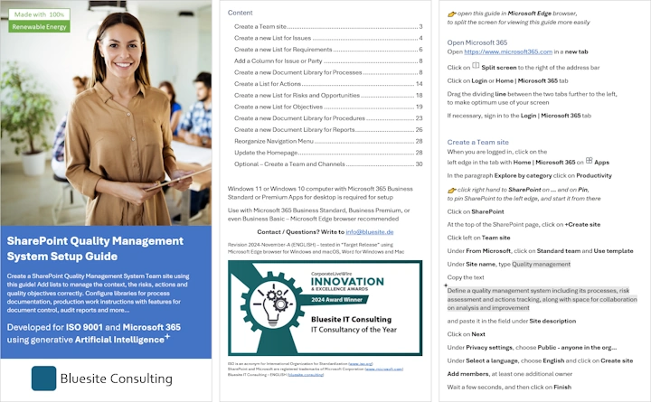 Cover page, table of contents and sample of the 33-page system setup guide