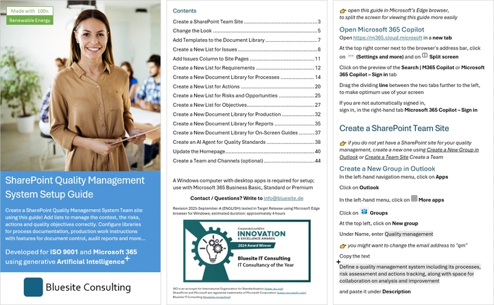 Cover page, table of contents and sample of the 33-page system setup guide