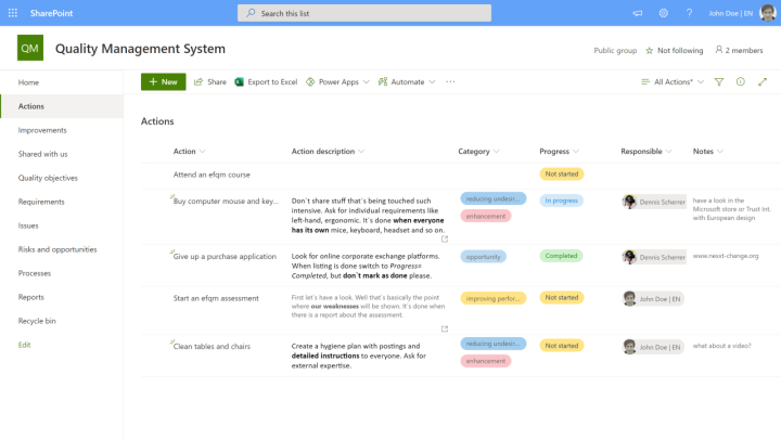 Microsoft Lists Work progress tracker showing ISO 9001 actions on a HiDPI Laptop screen