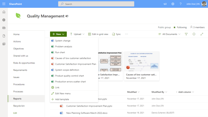 Microsoft templates for evaluation and analyze of quality systems in a SharePoint document library