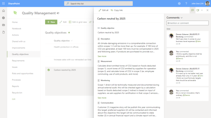 Screenshot of SharePoint Team website showing an quality objetive on the right with the fields description, measurement, monitoring and communication