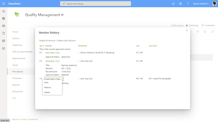 Screenshot of approval request detail in Microsofts Teams App ‘Approvals’ showing a simple sign-off of a document by one person requested by another