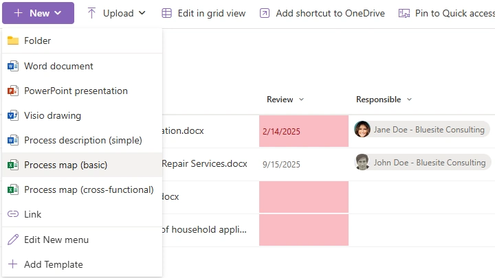 Screenshot of a SharePoint Online document library with the 'New' menu on the left side, captured in July 2025