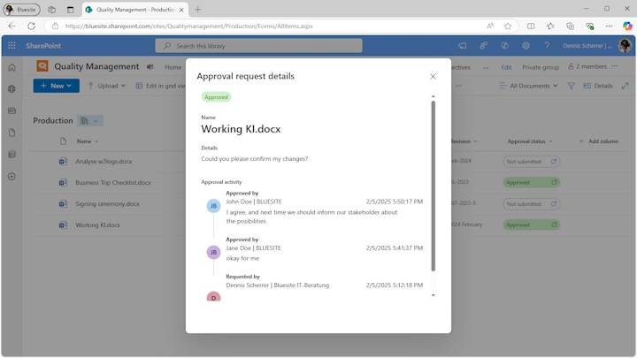 this screenshot shows a dialog documenting a workflow of several employees and in the background a SharePoint document library with the Approval status column