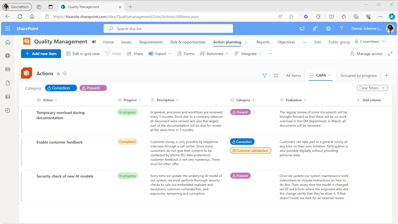 Microsoft´s Internet Browser displays the Microsoft 365 SharePoint Online service with a list of three sample actions that are filtered from the list of all actions with the categories Correction and Prevent