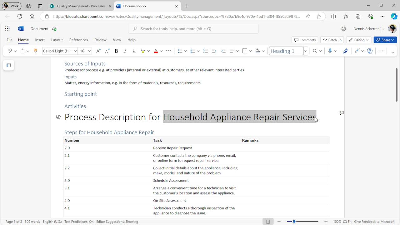 The screenshot shows a web browser tab with Microsoft Word Online, where the text of a process description is being generated – the Copilot icon with the message 'Creating a draft...' is visible below the text.