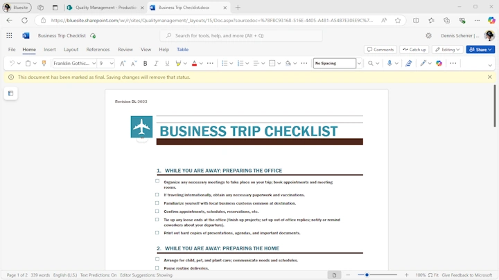 the screenshot shows a document in Word for Web in the browser with a clearly visible yellow note that this document has been marked as final