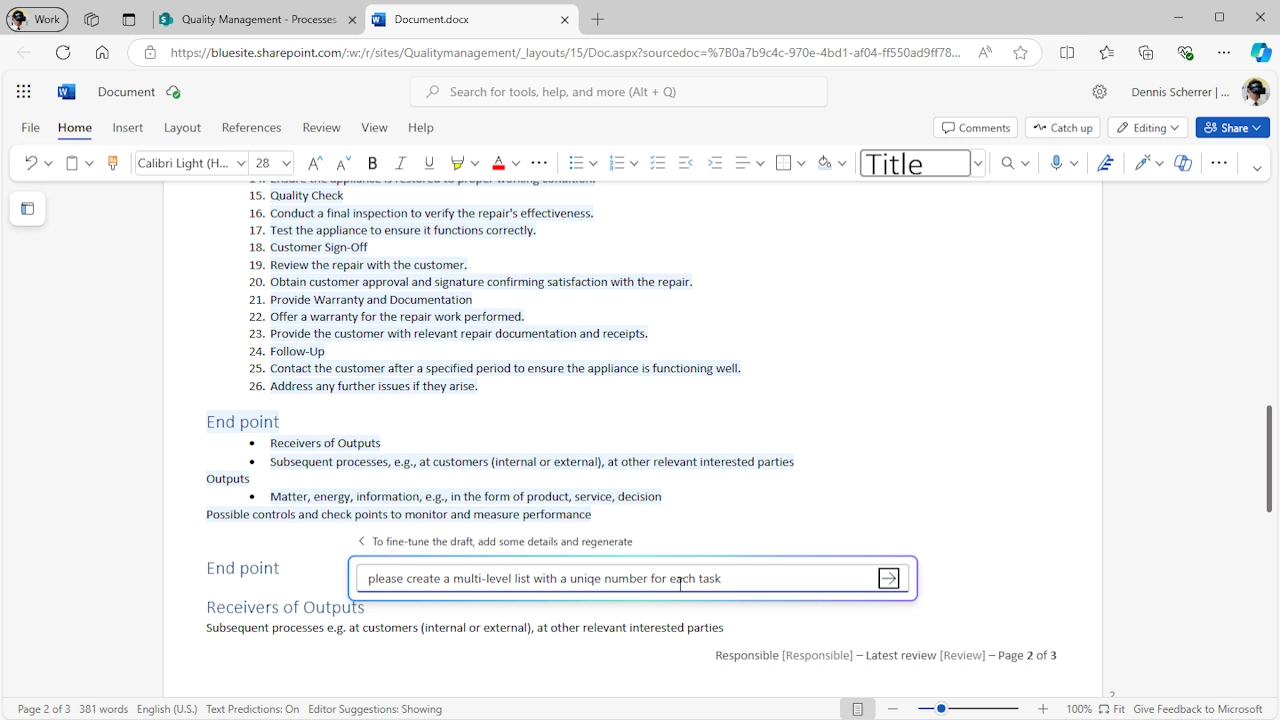 Screenshot demonstrates Copilot window to fine-tune the first AI generated draft for a process description in Word Online in a browser