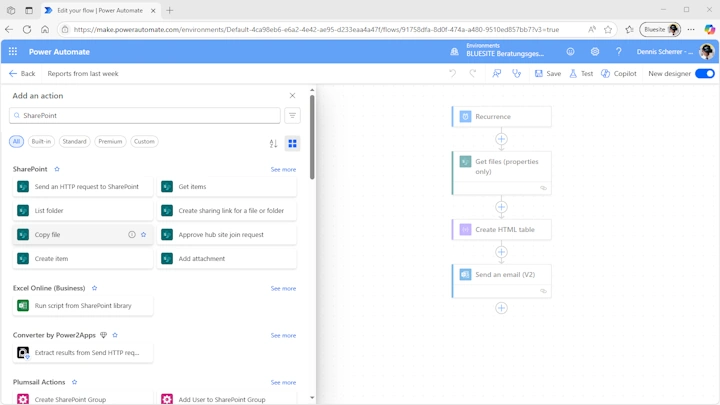 This screenshot shows Power Automate flow designer in a browser, left hand there´s list of action that you can add to the flow, right hand you can see the 4-steps chart of an SharePoint notification flow