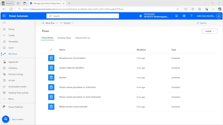 Screenshot shows the website for managing the Power Automate online service in the web browser: on the left more than 10 menu items with pictograms below each other, on the right of it a table with the heading Flows, Cloud flows and some entries with always the same symbol in front of it