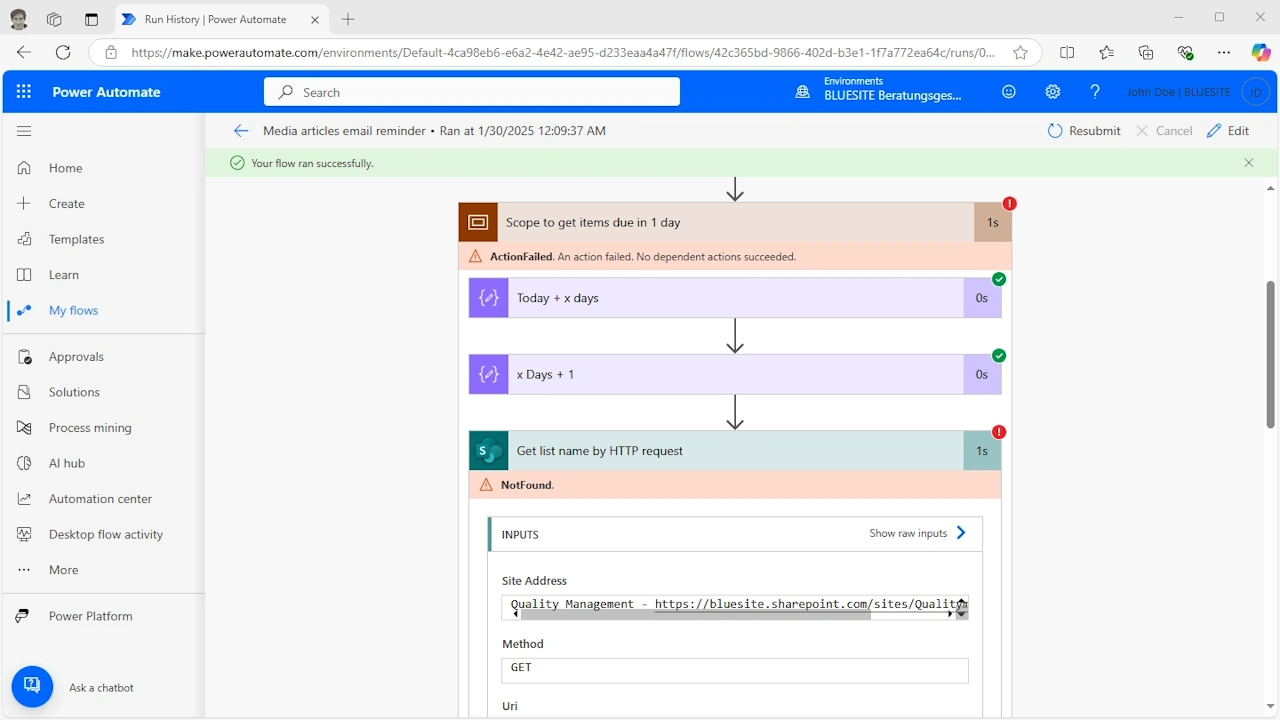 Screenshot shows the website for managing the Power Automate online service in the web browser: on the left more than 10 menu items with pictograms below each other, on the right above a flowchart is the text Your flow ran successfully – below, a step of the diagram with the English text Get list name by HTTP request is marked with an icon for error, directly below it the text Not found and below is a field with a website address