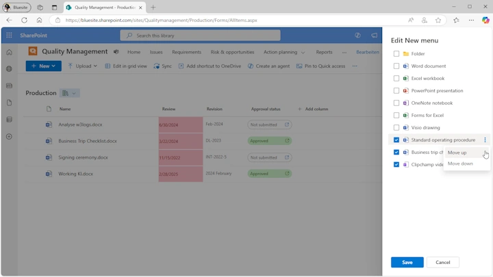 In this screenshot of a SharePoint Online document library with the 'Edit New menu' dialog on the right edge, you can see that when you select a template, only actions to move the template up or down in the menu are available