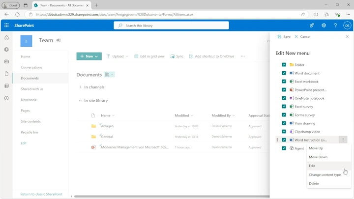 Screenshot of a SharePoint Online document library with the 'Edit New menu' dialog on the right edge before March 2025 with the actions to edit, change content type, and delete a document template