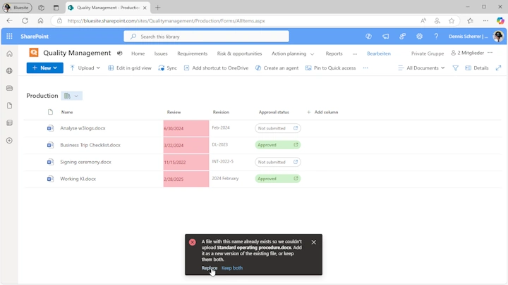 A screenshot of a SharePoint Online document library shortly after uploading a template with the same name as an existing one shows a black dialog in the bottom center with the question to Replace or Keep both