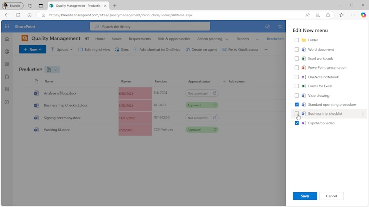 In the screenshot of a SharePoint Online document library with the 'Edit New Menu' dialog on the right edge, you can see that the selection of some templates have been removed