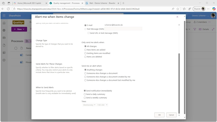 The screenshot shows a dialog with multiple choice for change types and when to send an email after documents in SharePoint were changed using the retired SharePoint Alert me feature