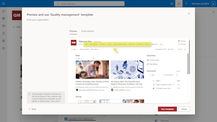 Apply a SharePoint Quality Management site template