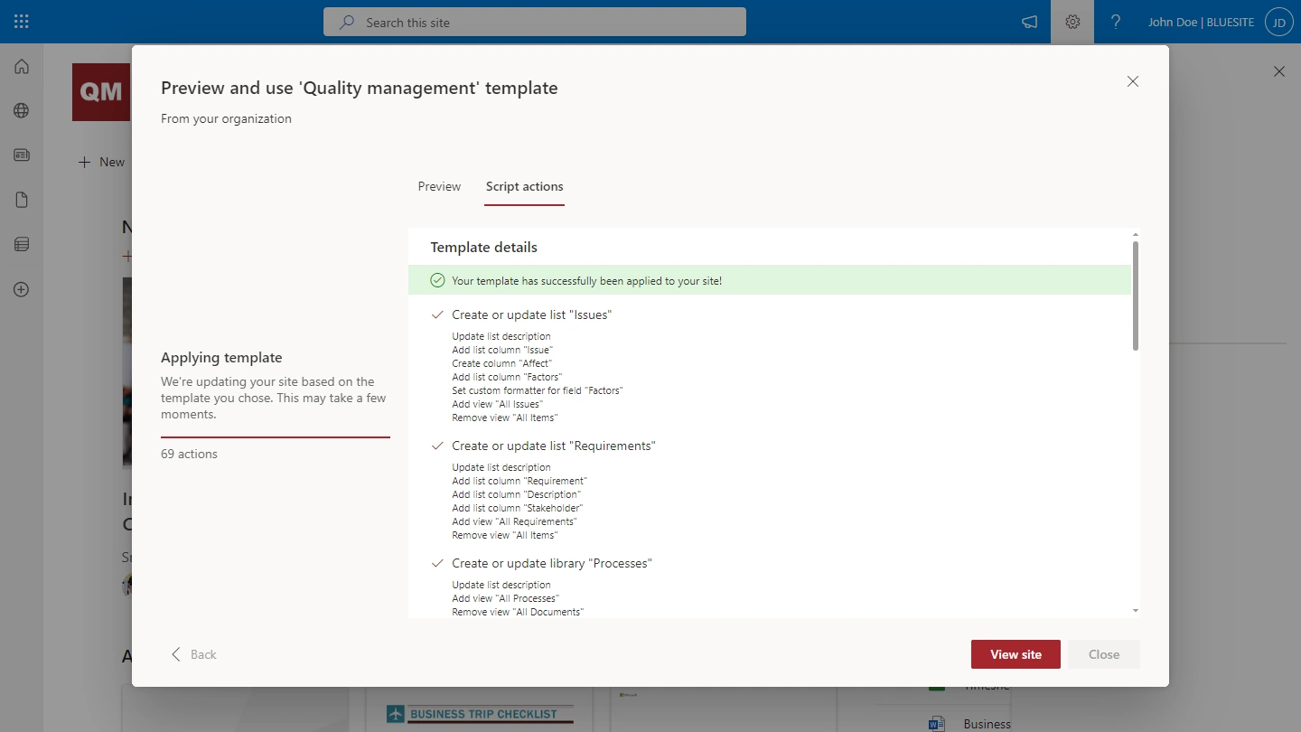 Apply a SharePoint Quality Management site template