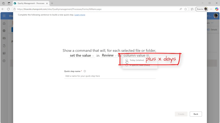 The screenshot shows the e-mail created with the quick step in SharePoint in Microsoft Outlook with an additional text template for the reference to the documentation rules in the quality management system