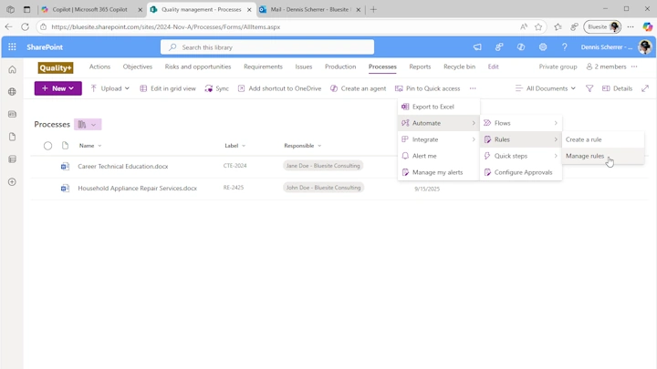 In this screenshot you see a SharePoint document library named “Processes” and two documents, process descriptions – from the command bar menu “Automate” and “Rules” are selected