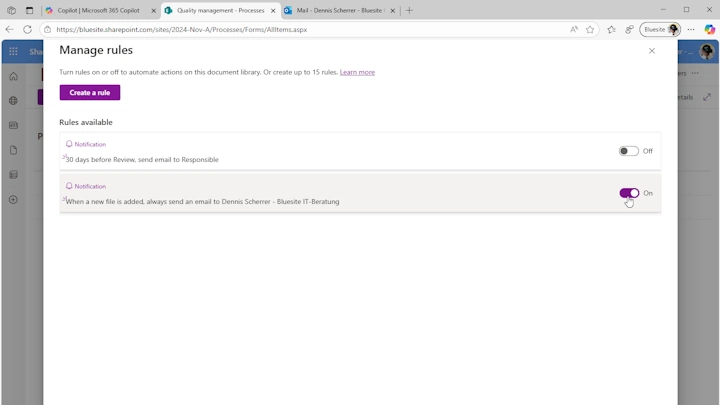 This image is a screenshot of the dialog “Manage rules” in SharePoint Online, where you can switch rules for documents in the library on or off, there´s also a bottom to create a new rule