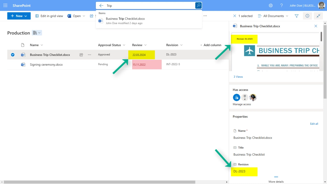 Revision tag of a QM document in a SharePoint library with preview of the header of the Word document and the document properties