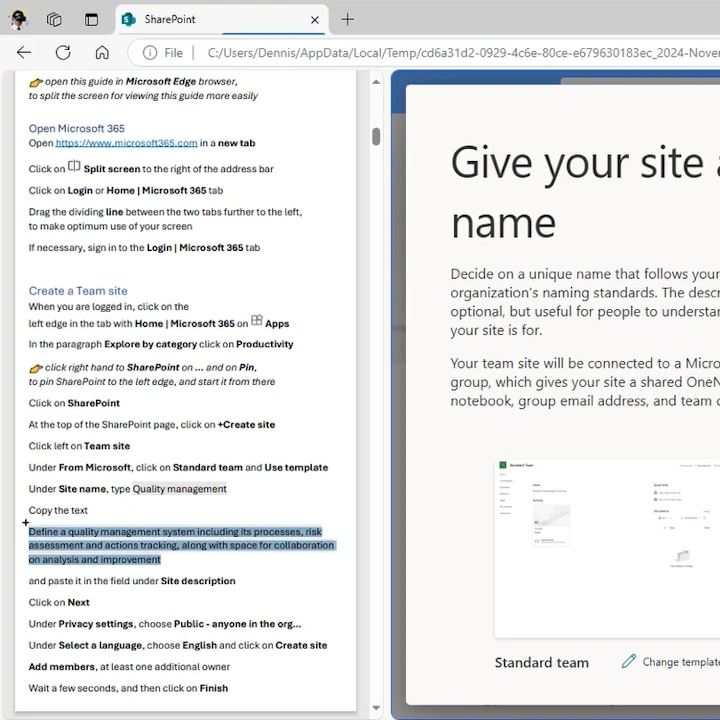 Screenshot shows the setup instructions with headings and texts as strips on the left, to the right of it in the web browser Microsoft 365 is open, in which the described steps are currently being carried out