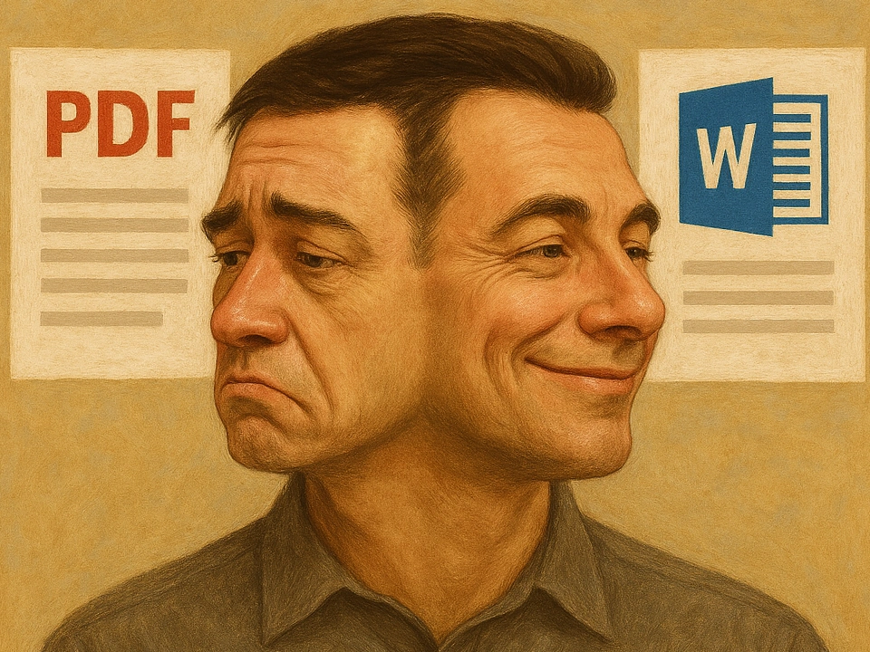 the head of a man with two faces, one face looks to the left at a PDF document, the face tired and listless, the face looking to the right looks satisfied at a success and smiles: it looks at a Word document