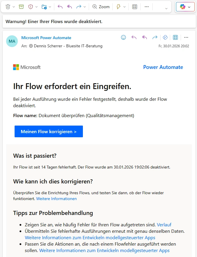 this screenshot shows the German email message with the subject “Warning! One of your flows has been disabled.” from the sender named “Microsoft Power Automate” on 01/30/2026 and the caption “Your flow requires intervention.”