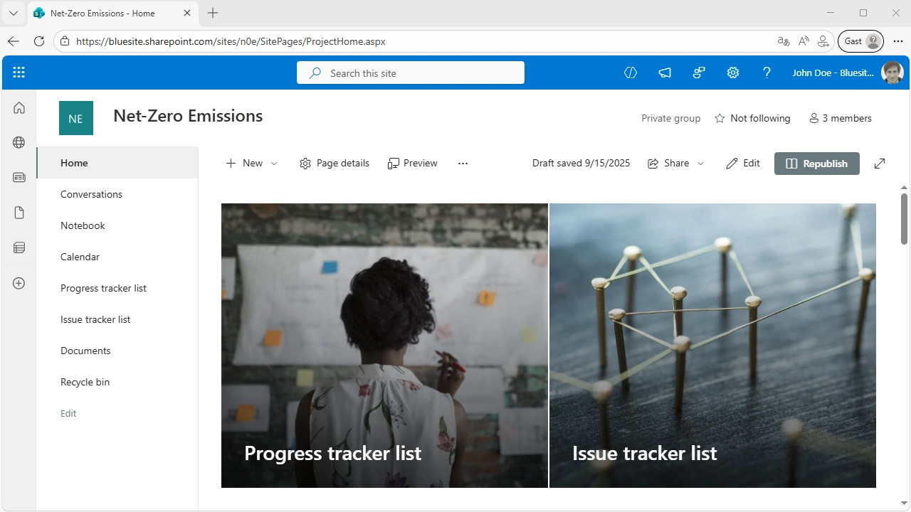 screenshot of the homepage of a SharePoint team site using the “Project management” site template, where all references to sample content from Microsoft have been removed, includes a large tile each for the progress tracker list and the issue tracker list, below a web part for the document library and recent activity on the site, to the right a countdown to the project goal, below a list of project resources and project members
