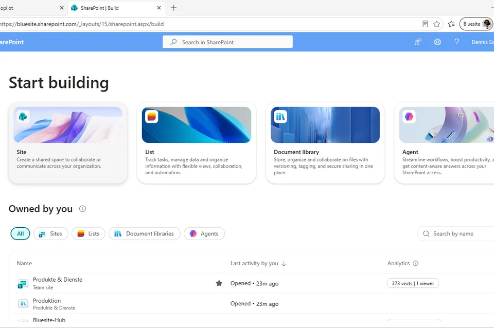 SharePoint Build area showing the card to create a new site for quality management