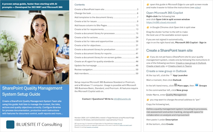 Cover page, table of contents and sample of the 33-page system setup guide