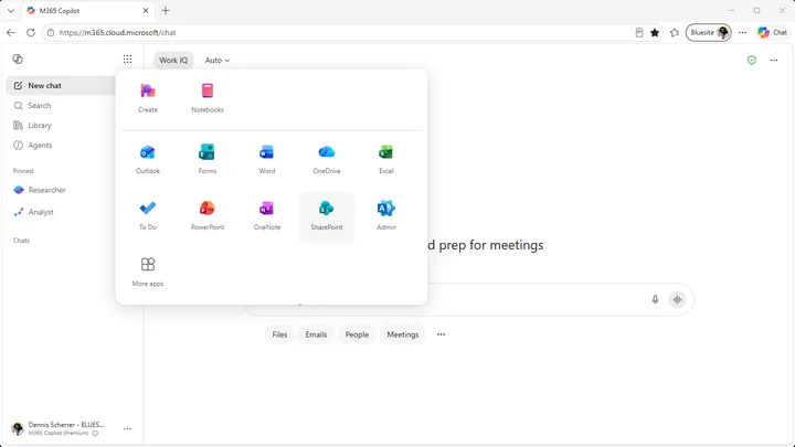 Apps and more menu in Microsoft 365 Copilot with SharePoint selected