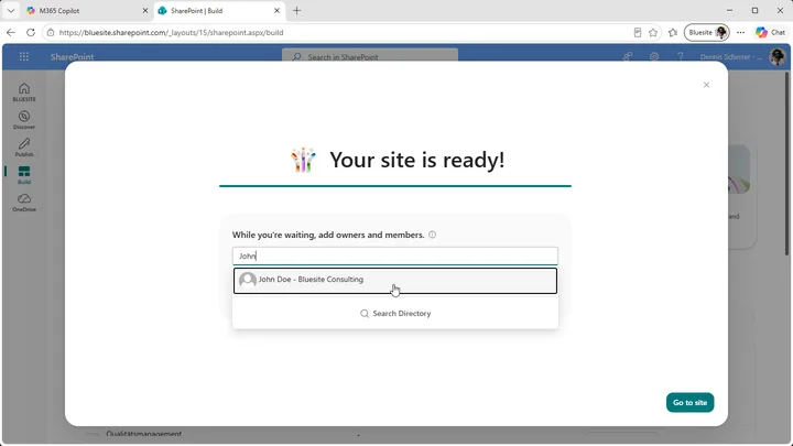 Your site is ready dialog in SharePoint with member picker and Go to site button