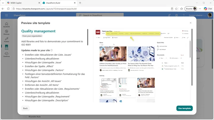 Document template for ISO 9001 Quality management system scope in a SharePoint Document library