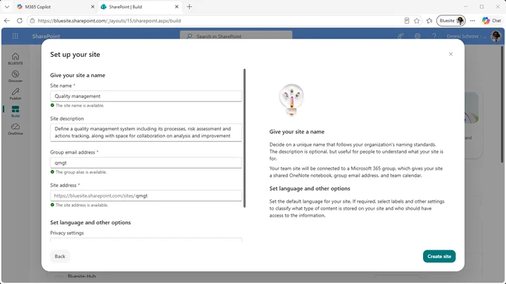 Set up your site form in SharePoint for a new quality management team site