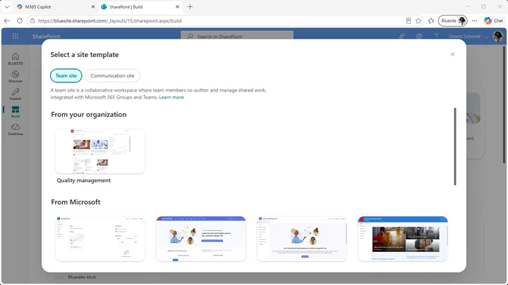 Select a site template dialog in SharePoint with the Quality management template under From your organization