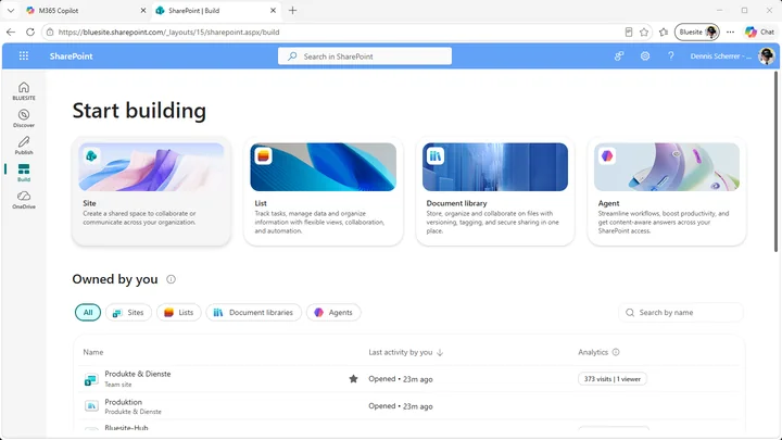 SharePoint Build area showing the Start building cards for Site, List, Document library, and Agent