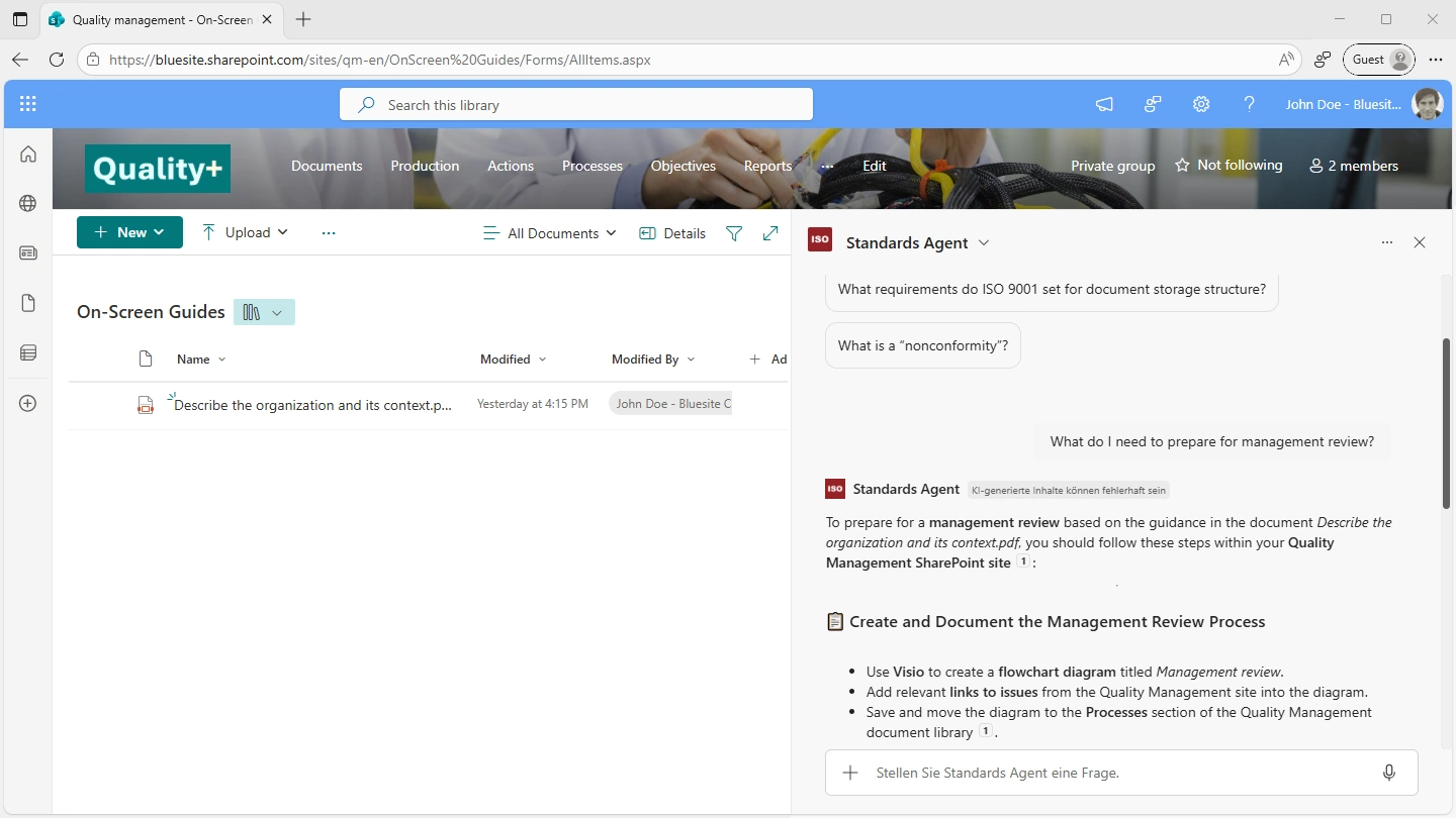 this screenshot shows the SharePoint Quality Management Team Site, while a AI chat conversation on the right-hand side is displayed, where Microsoft Copilot 365 answers the question about how to prepare for a ISO 9001 management review