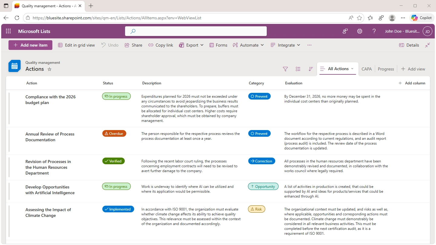a screenshot of Microsoft 365 List app showing samples of quality management actions in a table with column for status, description, category and evaluation, status and category fields utilize colored choice labels (pills)