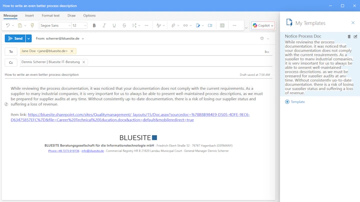 The screenshot shows the e-mail created with the quick step in SharePoint in Microsoft Outlook with an additional text template for reference to the documentation rules in the quality management system