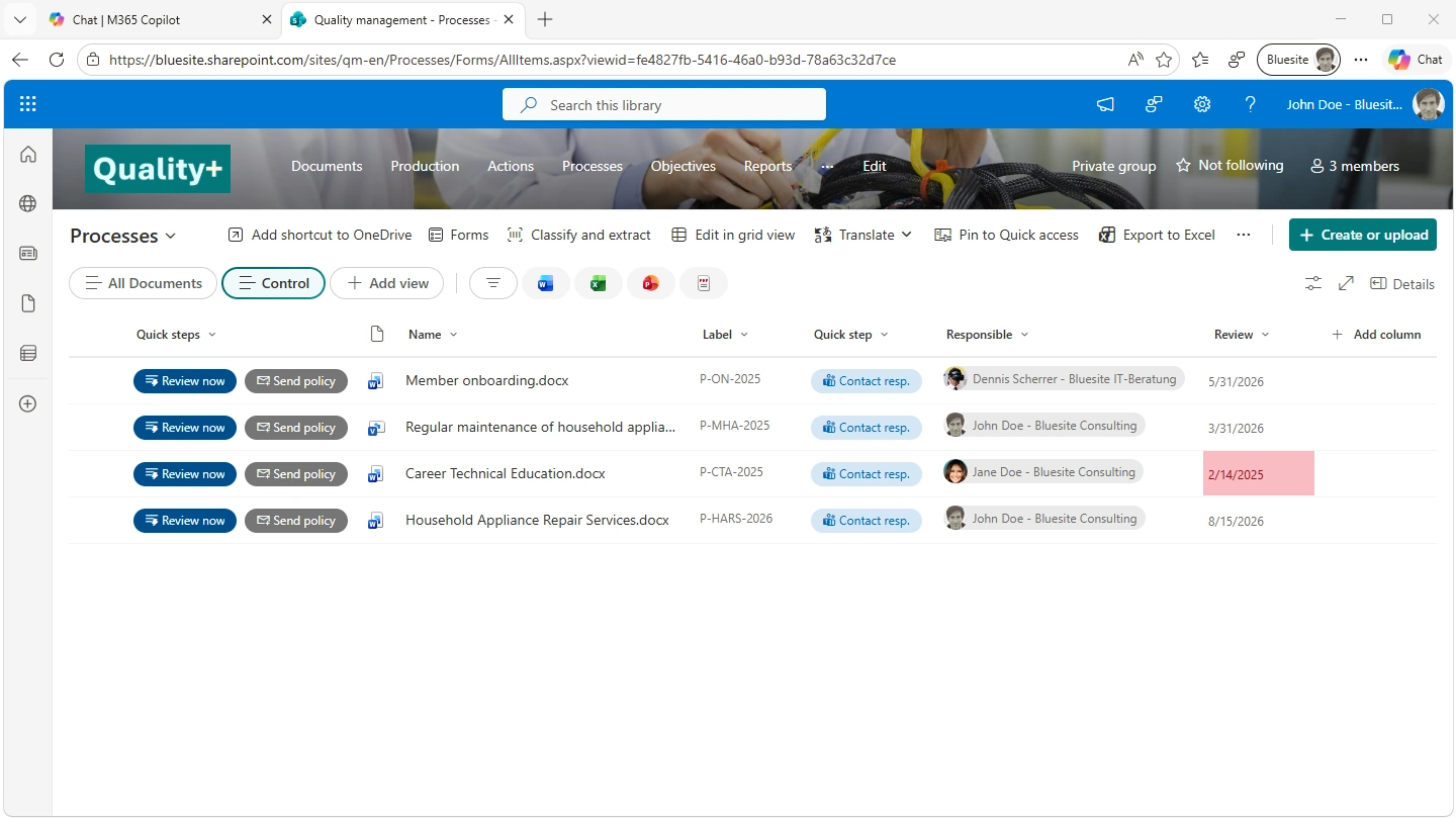 This screenshot shows a document library in SharePoint Online named Processes, it´s a web page in a browser, and under a search and navigation bar, there´s a command bar, and under that there´s a table where each process as it´s own line and metadata is in the columns – in the last, the left column titled Quick steps are two buttons labeled with Review now and Contact resp.