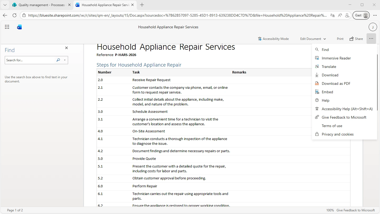 Microsoft Edge web browser with two open tabs, the first is titled “Quality management – Processes”, the second is the active one in the foreground and shows Microsoft Word for the Web in Reading View, the menu bar is not visible, only the title of the document, a few buttons “Accessibility Mode”, “Edit Document”, “Print”, “Share”, other commands and underneath of course the document - an exemplary process description