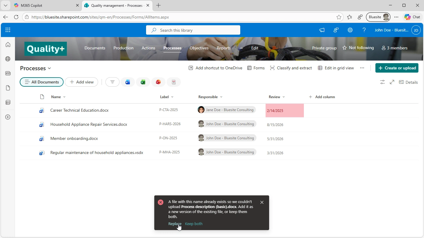 screenshot of a SharePoint Online document library shortly after uploading a template with the same name as an existing one shows a black dialog in the bottom center with the question to Replace or Keep both