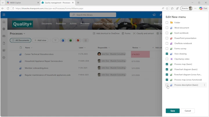 in the screenshot of a SharePoint Online document library with the “Edit New Menu” dialog on the right edge, you can see that the selection of some templates has been removed