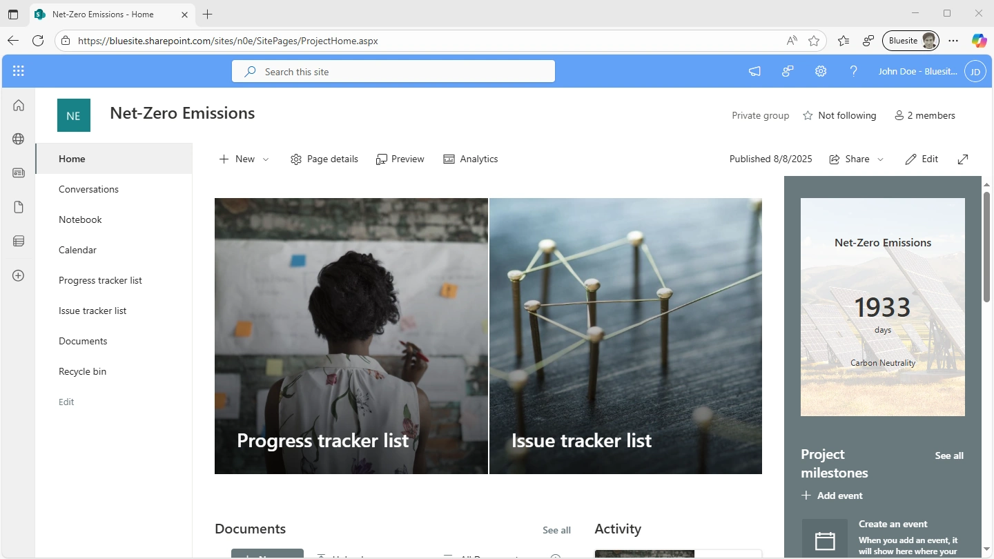 screenshot of the homepage of a SharePoint team site using the “Project management” site template, where all references to sample content from Microsoft have been removed, includes a large tile each for the progress tracker list and the issue tracker list, below a web part for the document library and recent activity on the site, to the right a countdown to the project goal, below a list of project resources and project members