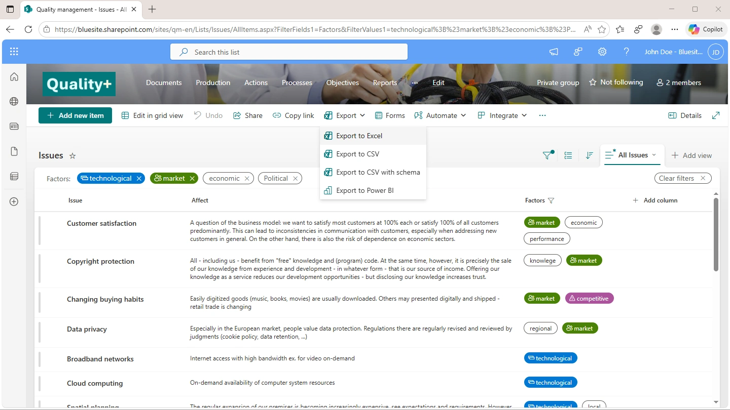 screenshot of Issues list in the SharePoint Quality Management Team Site demonstrating filtering for factors and showing the Export menu for Export to Excel