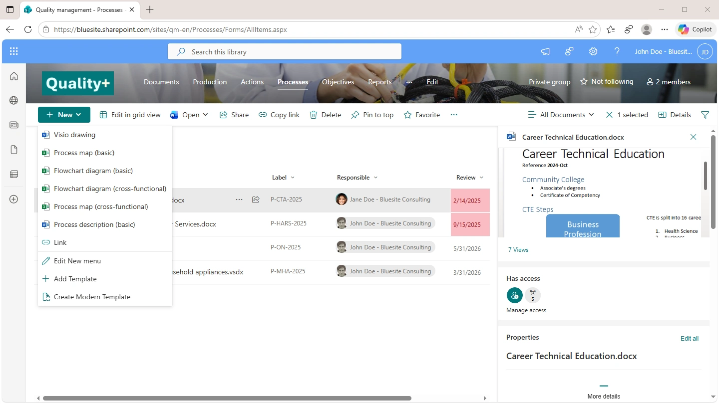 this screenshot shows a Microsoft 365 SharePoint Online service document library with open new menu including four Excel templates, Visio drawing link and a basic process description Word template on the left, on the right there´s the open Details pane showing a thumb of a process documentation, in the background highlighted process with past review dates shown