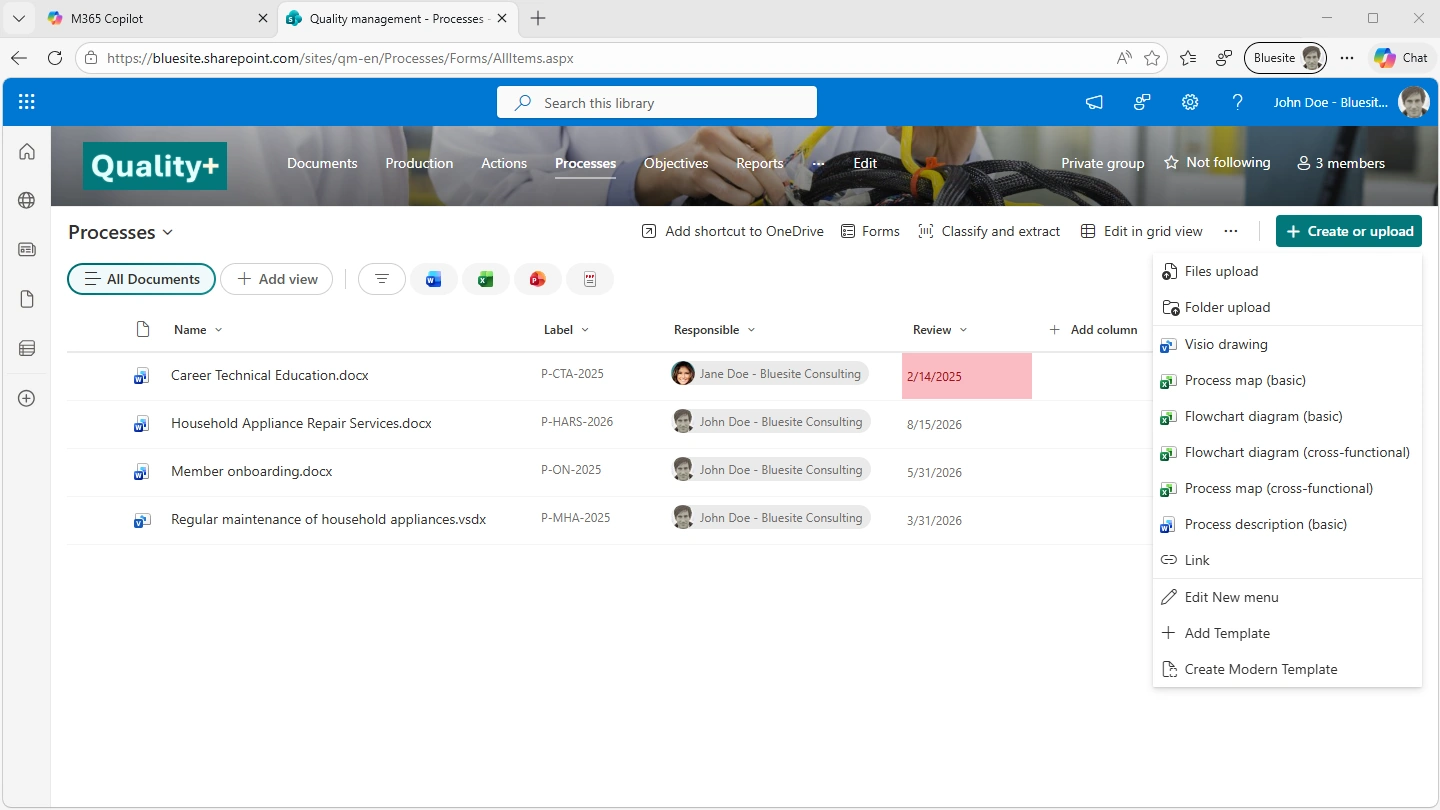 this screenshot shows a Microsoft 365 SharePoint Online service document library with open new menu including four Excel templates, Visio drawing link and a basic process description Word template on the left, on the right there´s the open Details pane showing a thumb of a process documentation, in the background highlighted process with past review dates shown