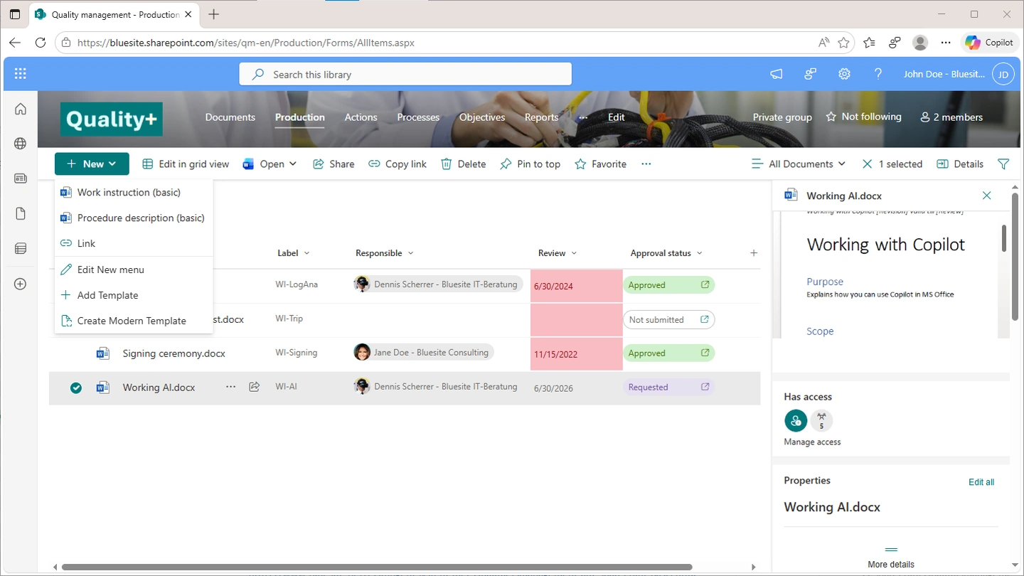 on this screenshot you see the production document library of the SharePoint Quality Management Team Site with document control features like labels, responsibilities, review dates and highlighted and approval status